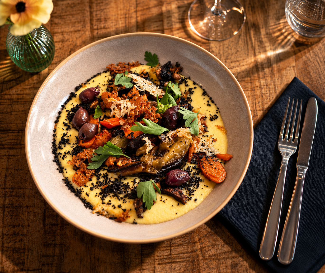 Polenta crémeuse au parmesan, légumes rôtis